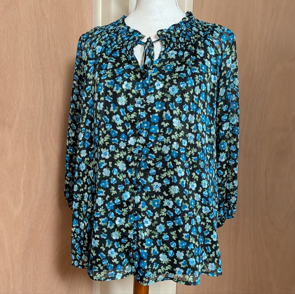 Elie Tahari Floral Blouse Medium Sheer Black Blue Boho Peasant Top Long Sleeve